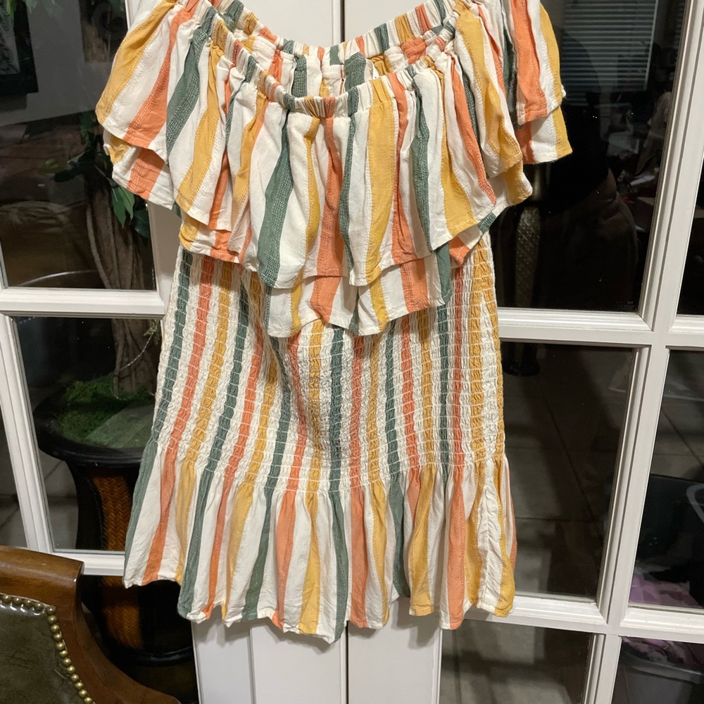 Anthropologie Striped Ruffle Dress in Orange, Green, and Cream Size Small